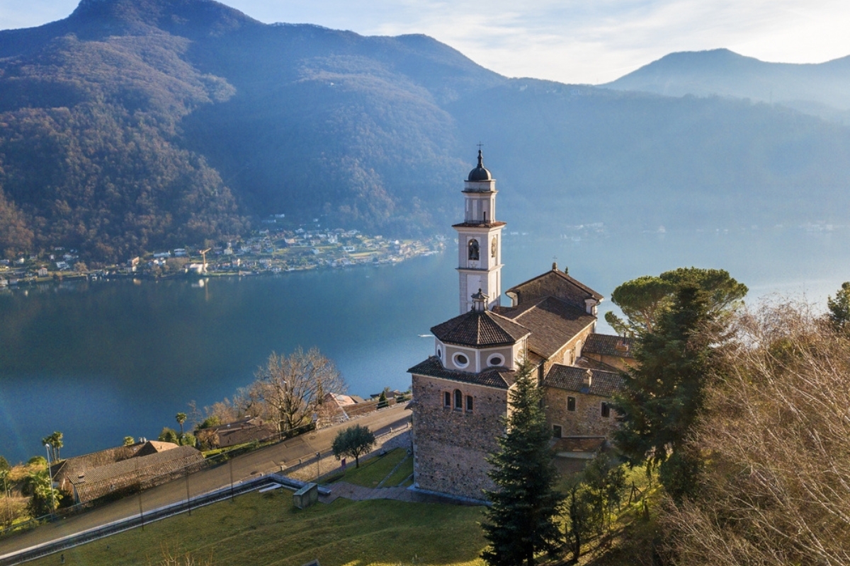 The parish SS. Fedele e Simone on the hill of Morcote and overlooking Lake Lugano