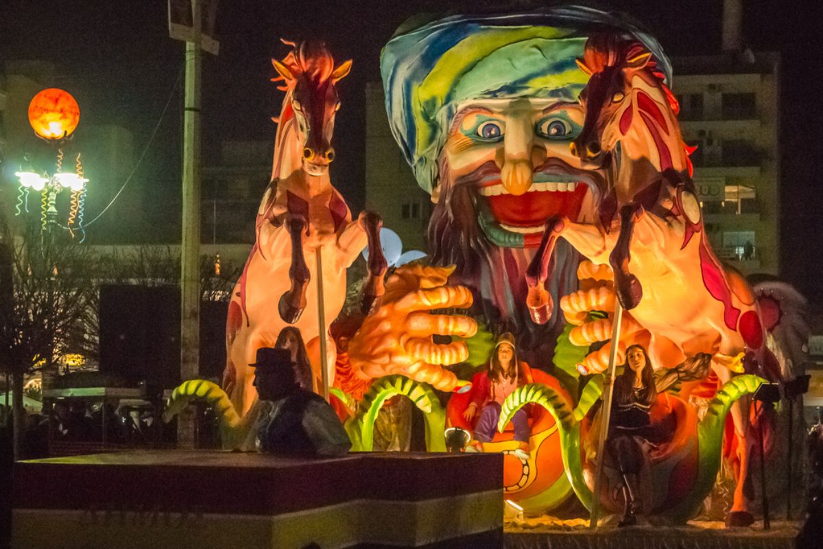 Colorful float at the night parade of Patras Carnival