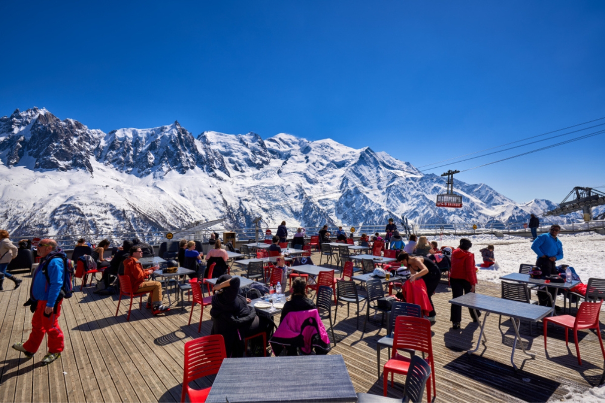 Terrace on the Brevent, Winter sports resort in Chamonix Mont Blanc. European Alps