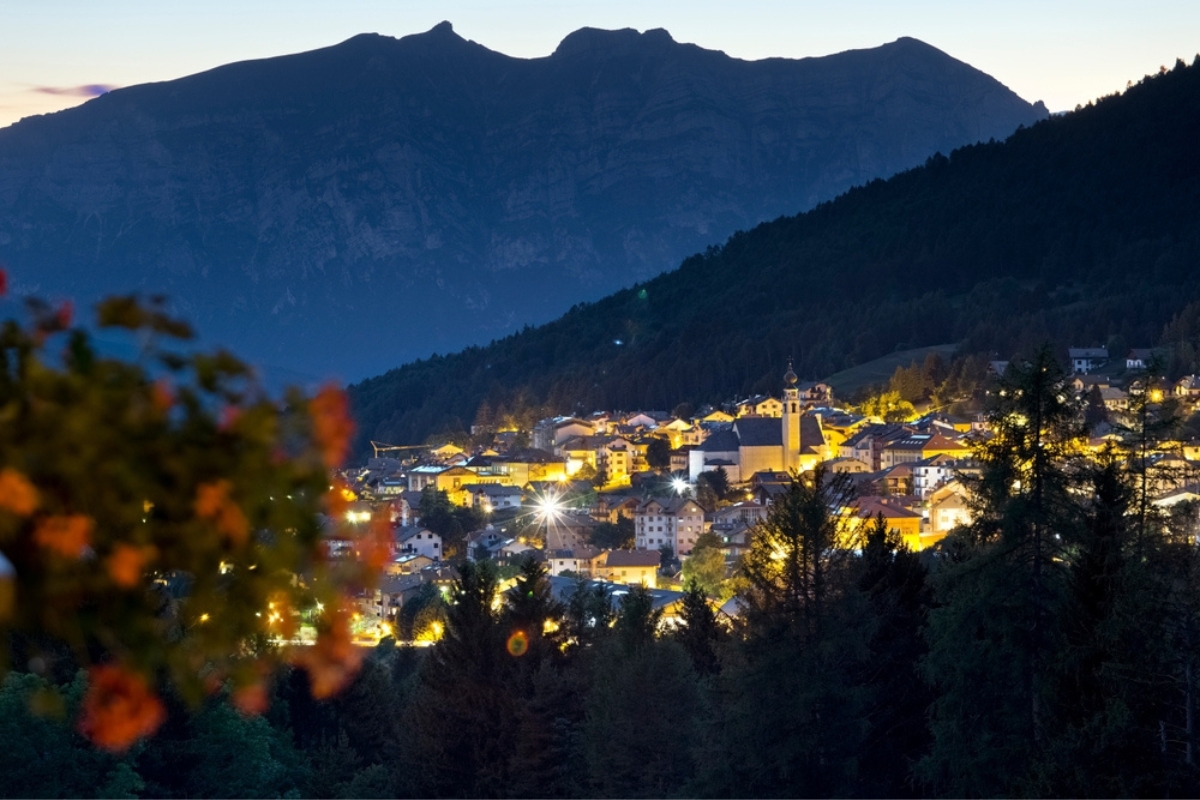 The town of Folgaria and Mount Cornetto in the background. Alpe Cimbra, Trentino, Italy