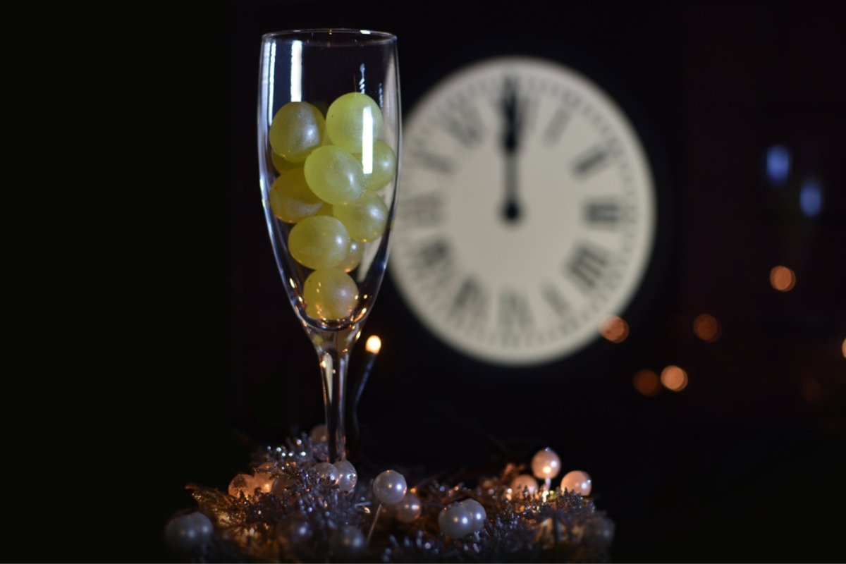 New year celebration in Spain with the 12 grapes of luck or Las Doce Uvas de la Suerte