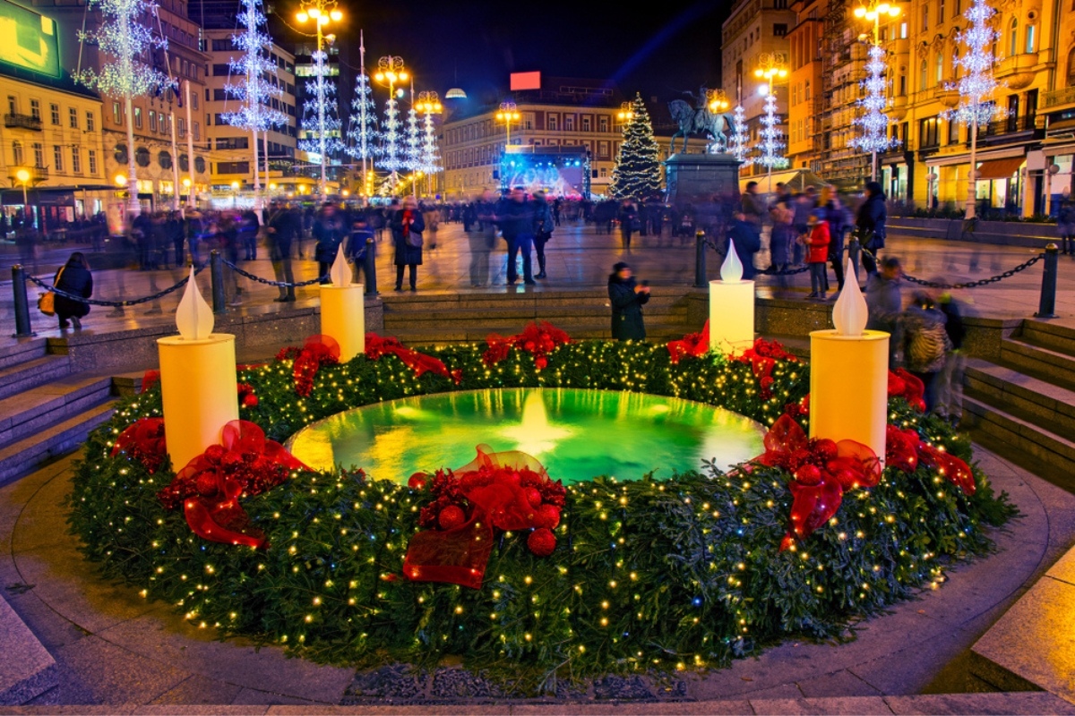 Mandusevac Fountain on Ban Jelacic Square decorated with an advent wreath as part of Advent in Zagreb