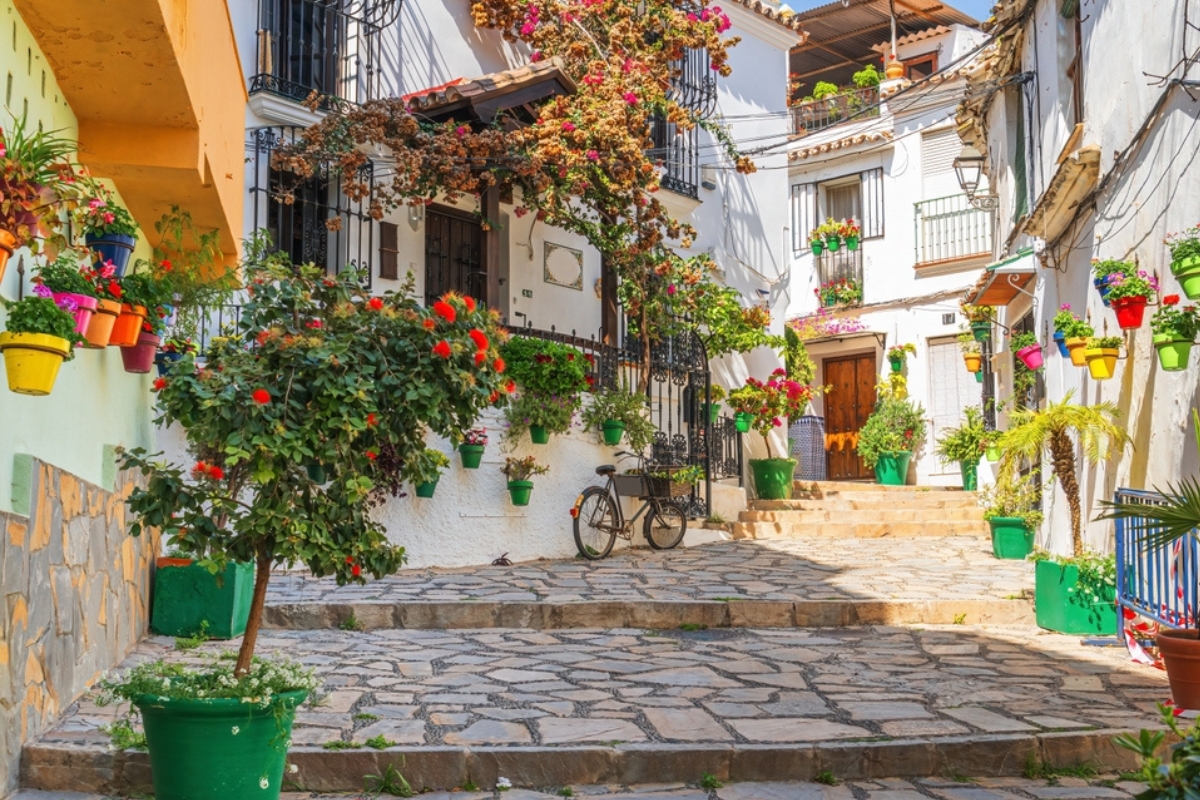 Una tipica strada con piante a Estepona, sulla Costa del Sol, in una giornata di sole