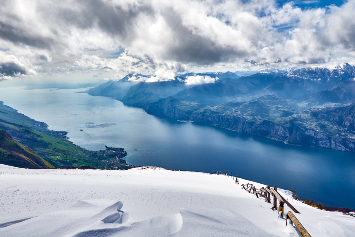 View of the Lake Garda from mount of Monte Baldo, Italy. Garda lake in the winter time