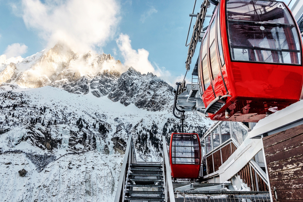 Vintage red cable cars in the French Alps