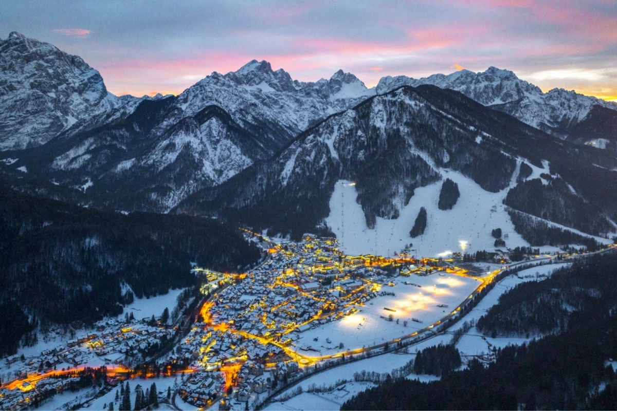 Mesmerizing aerial view of a winter evening in Kranjska Gora
