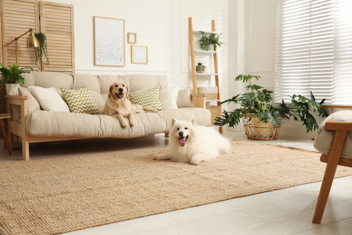 living room with golden retriever lying on the sofa and samoyed on the carpet